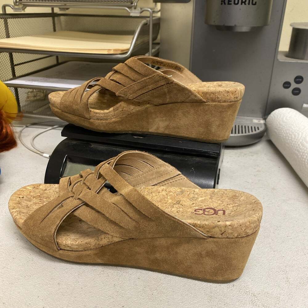 UGG Tan Leather Slip On Wedge Sandals US Size 7.5